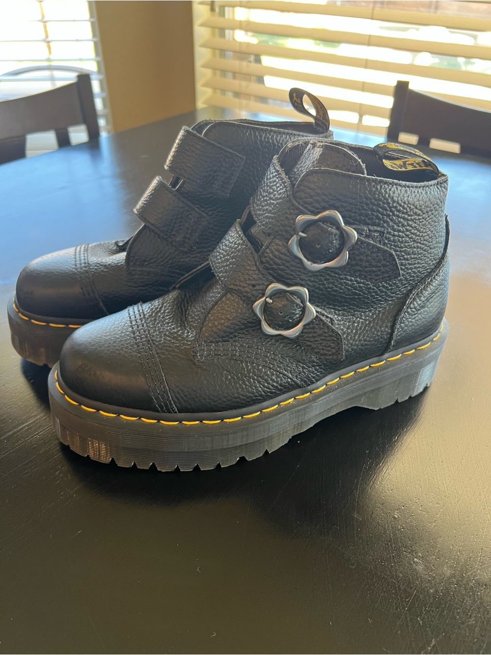 Dr. Martens Devon Flower Buckle Black Leather Boots Women’s 10